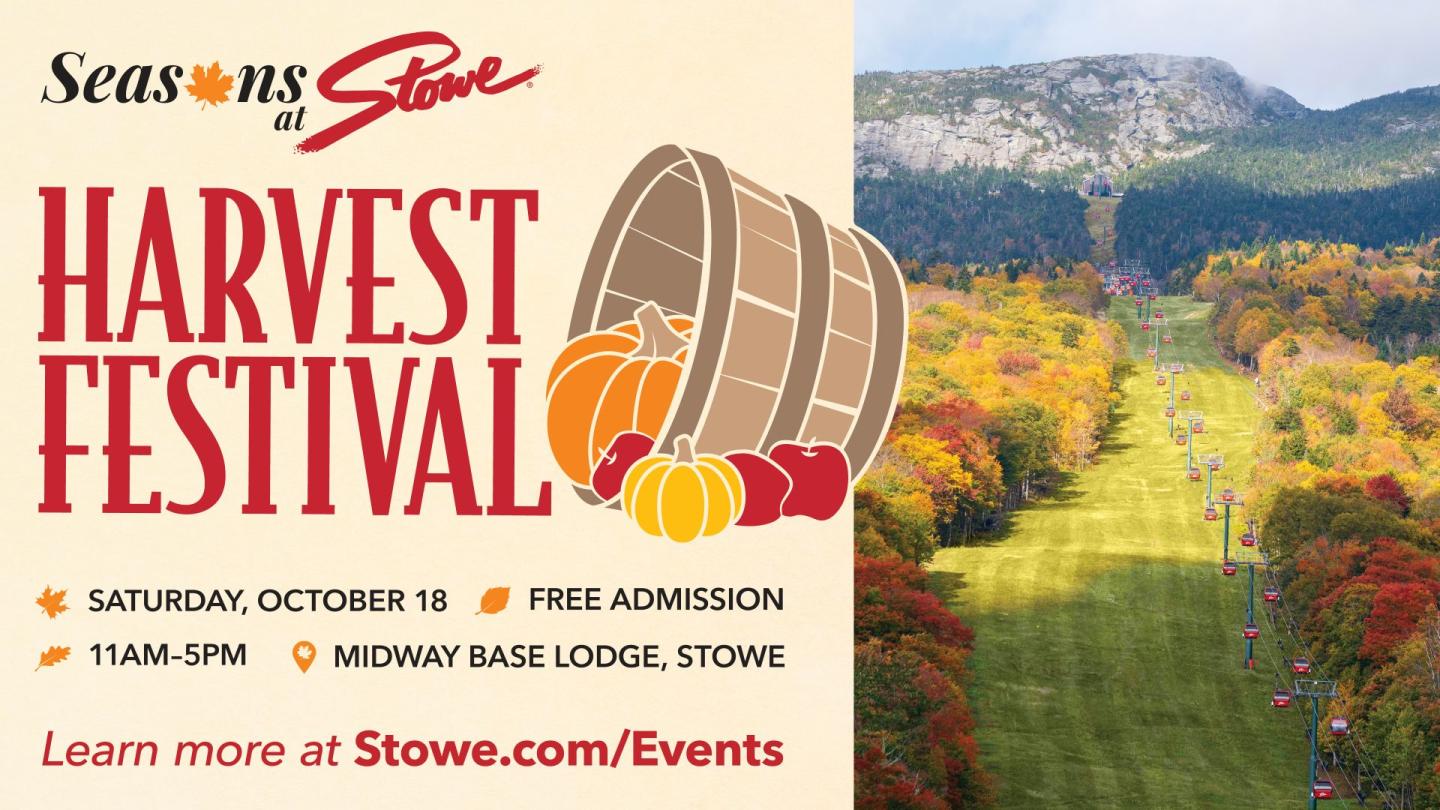 Harvest Festival logo beside a scenic mountain and autumn foliage landscape.