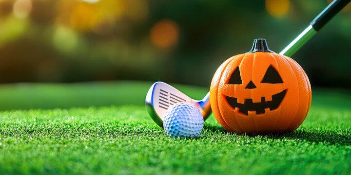 Jack-o'-lantern with golf club and ball on green grass.