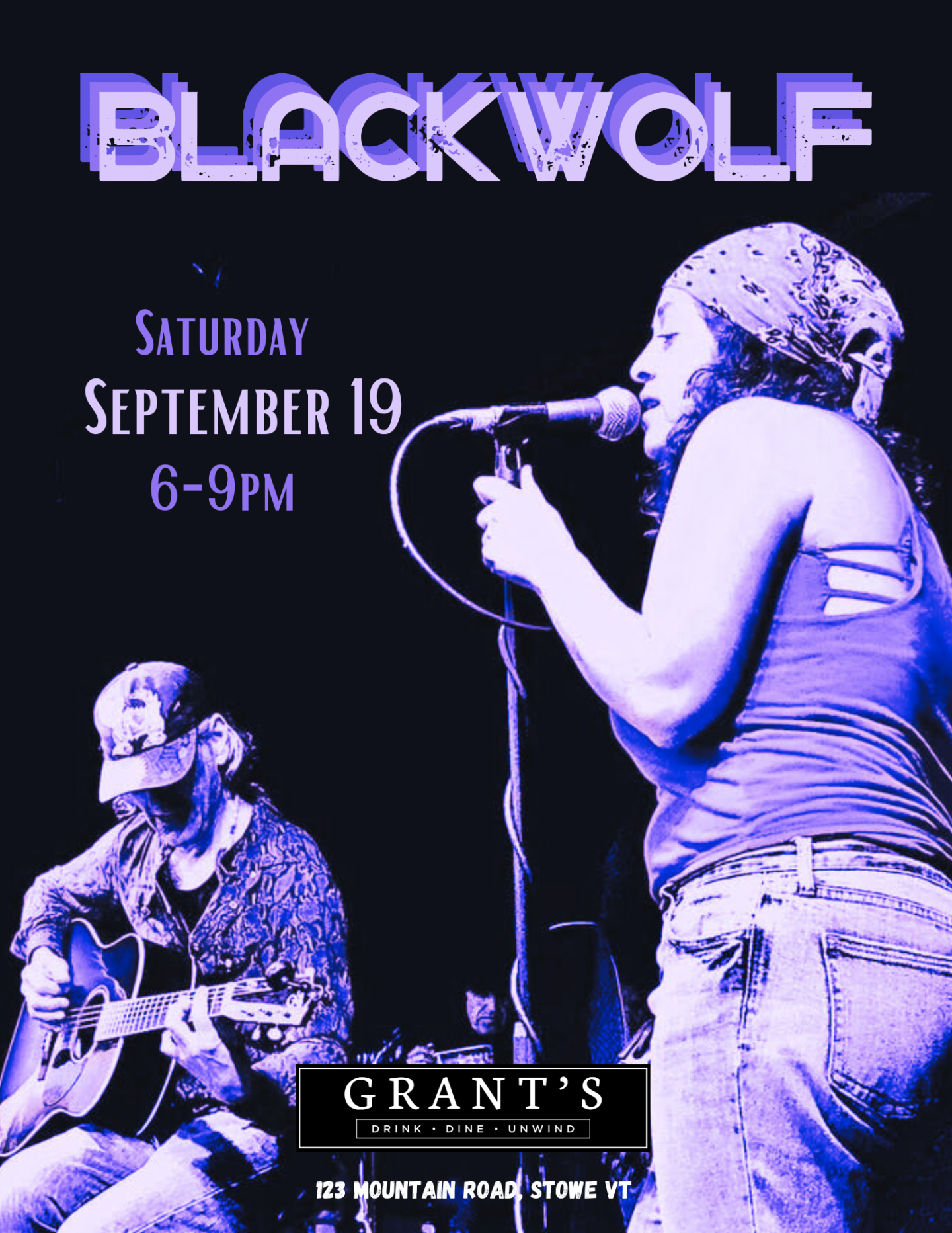 Singer performs with guitarist in purple stage lighting.