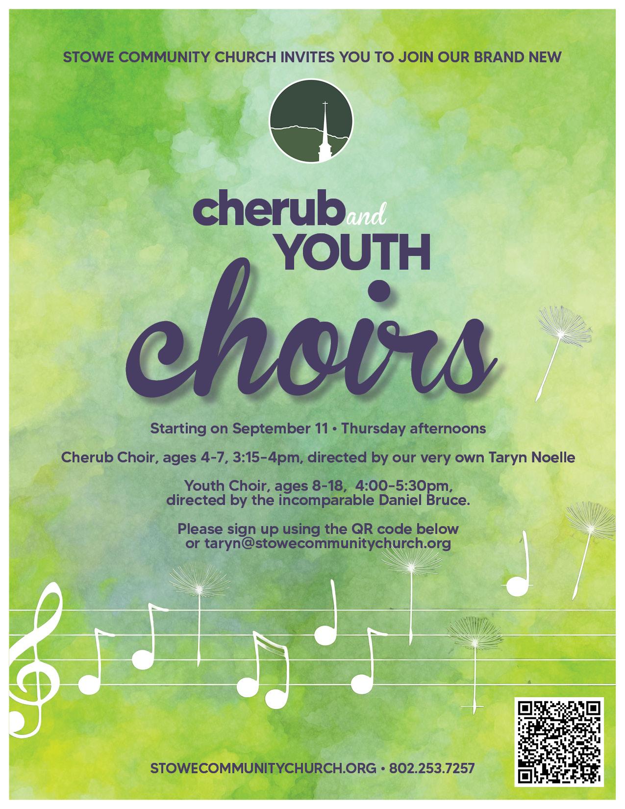 Cherub Youth Choirs logo on green background with musical notes.
