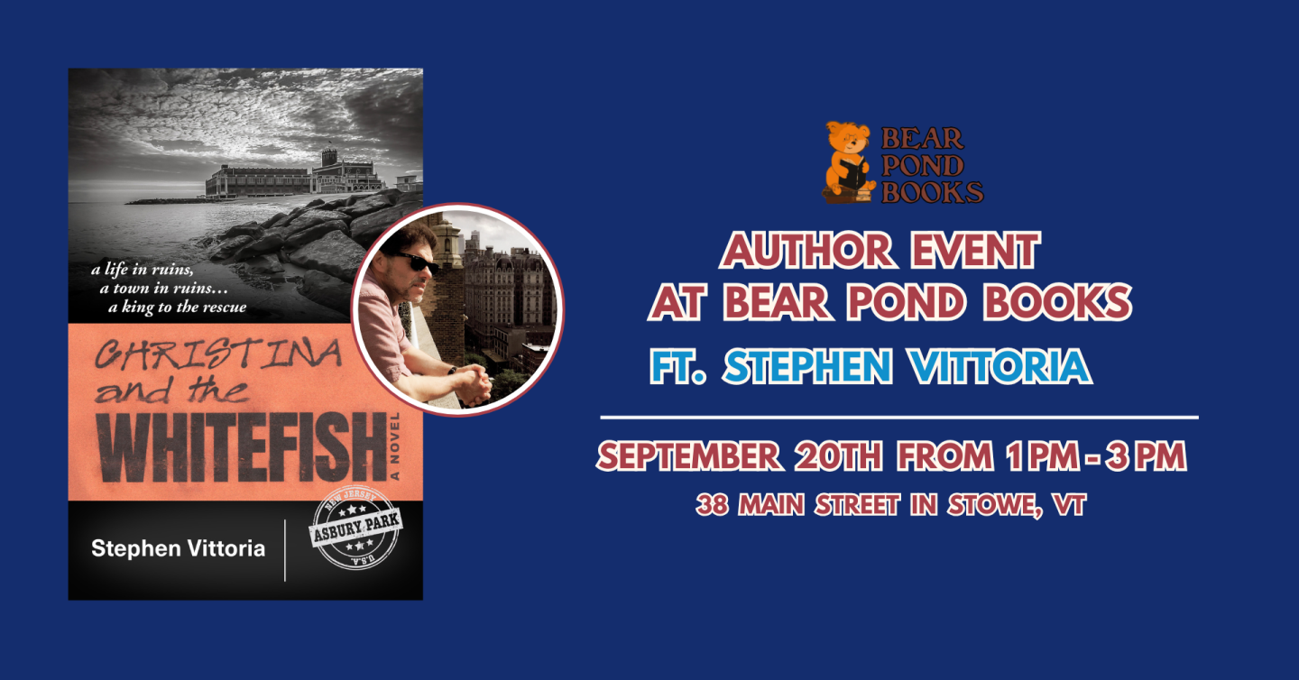 Book cover and event details for author Stephen Vitoria on blue background.