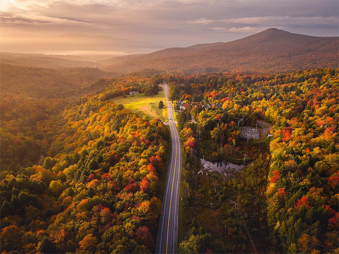 Aerial view of a winding road through vibrant autumn forest and distant mountain.