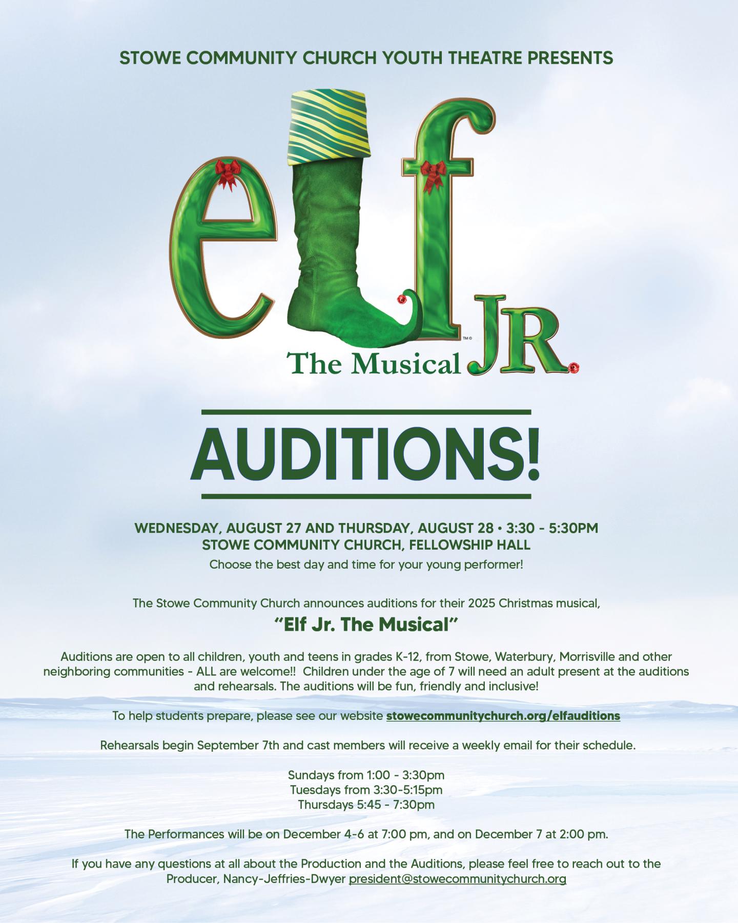 Elf Jr. The Musical audition poster with festive design.