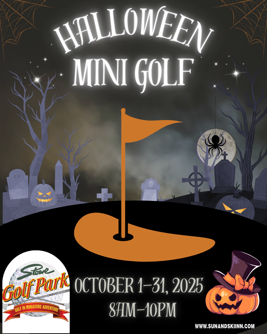Spooky mini golf course with skeletons and pumpkins.