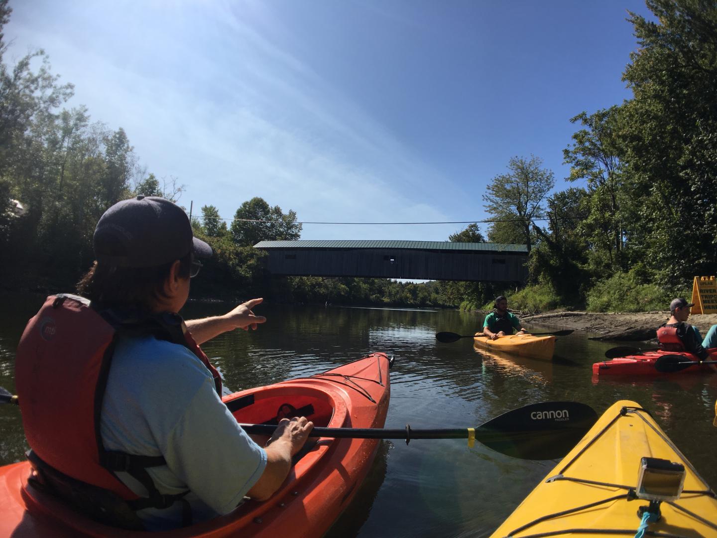 Kayakers on a river approaching a bridge, surrounded by trees under a clear sky.