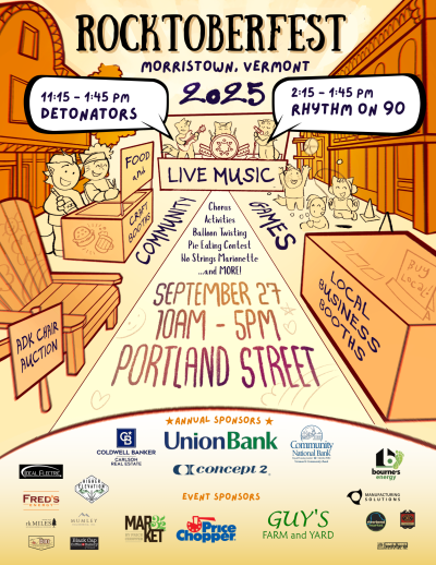 Rocktoberfest poster with event details and sponsor logos, orange theme.