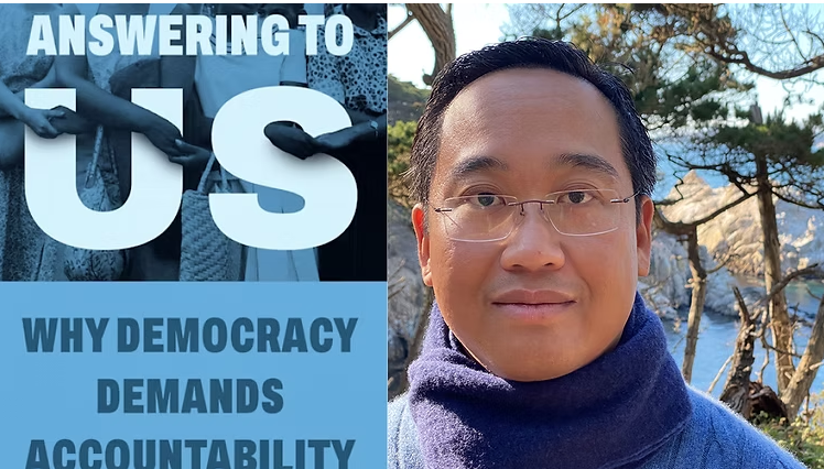 Split image with a person outdoors and a text graphic about democracy.