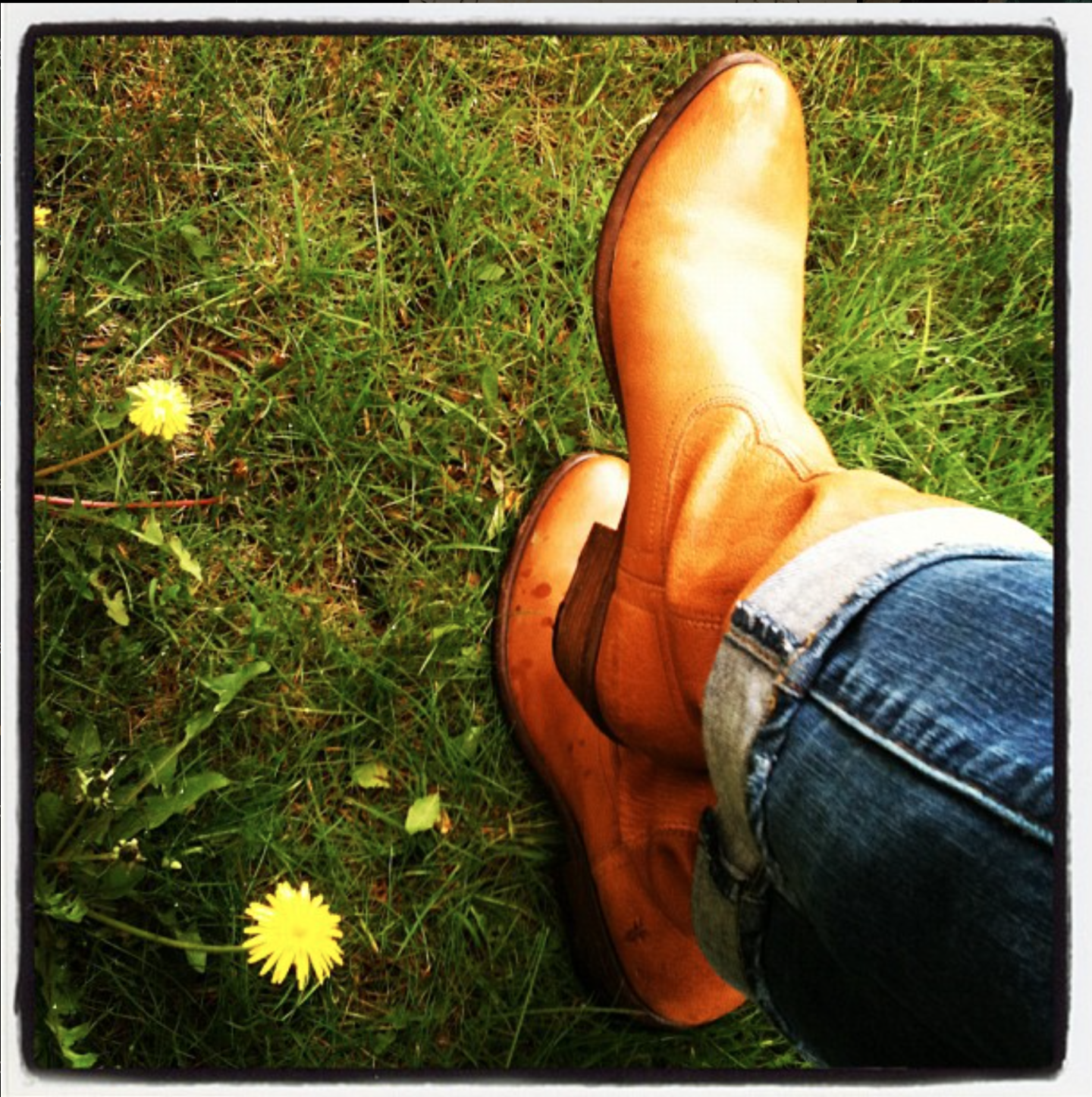 Brown boots on green grass with yellow flowers.