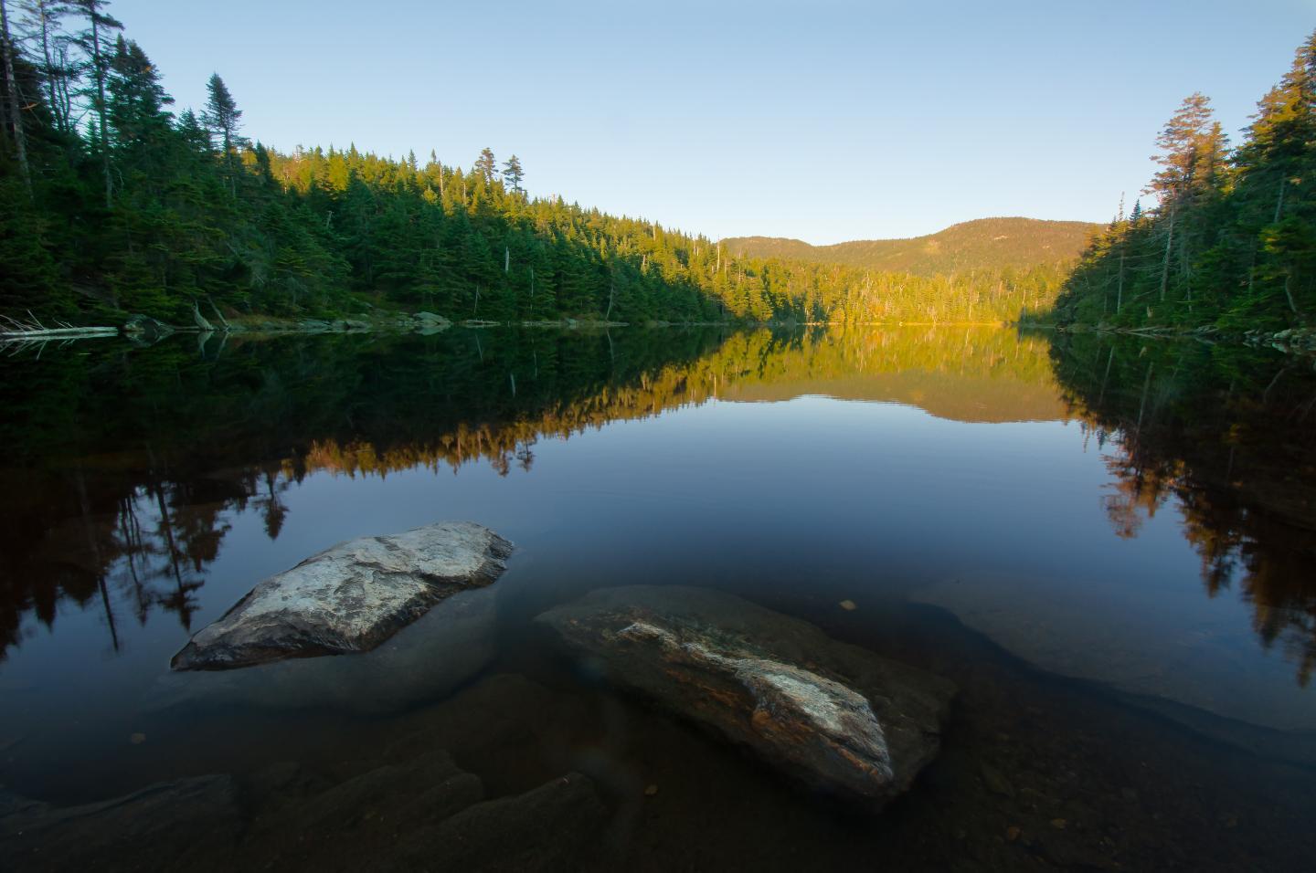 Calm lake reflecting forested hills under a clear sky.