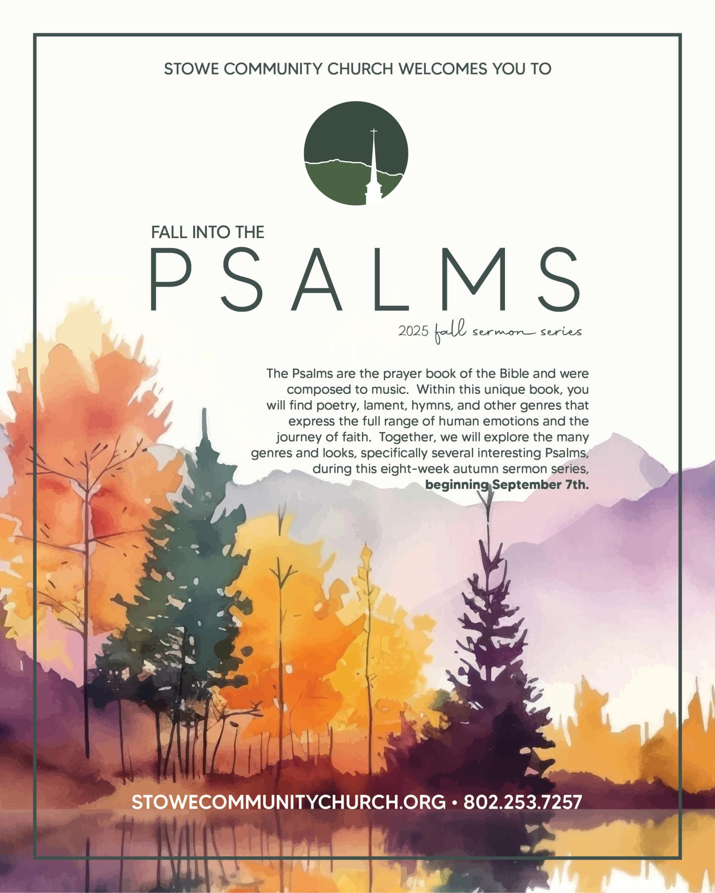 Autumn landscape with colorful trees and church logo.