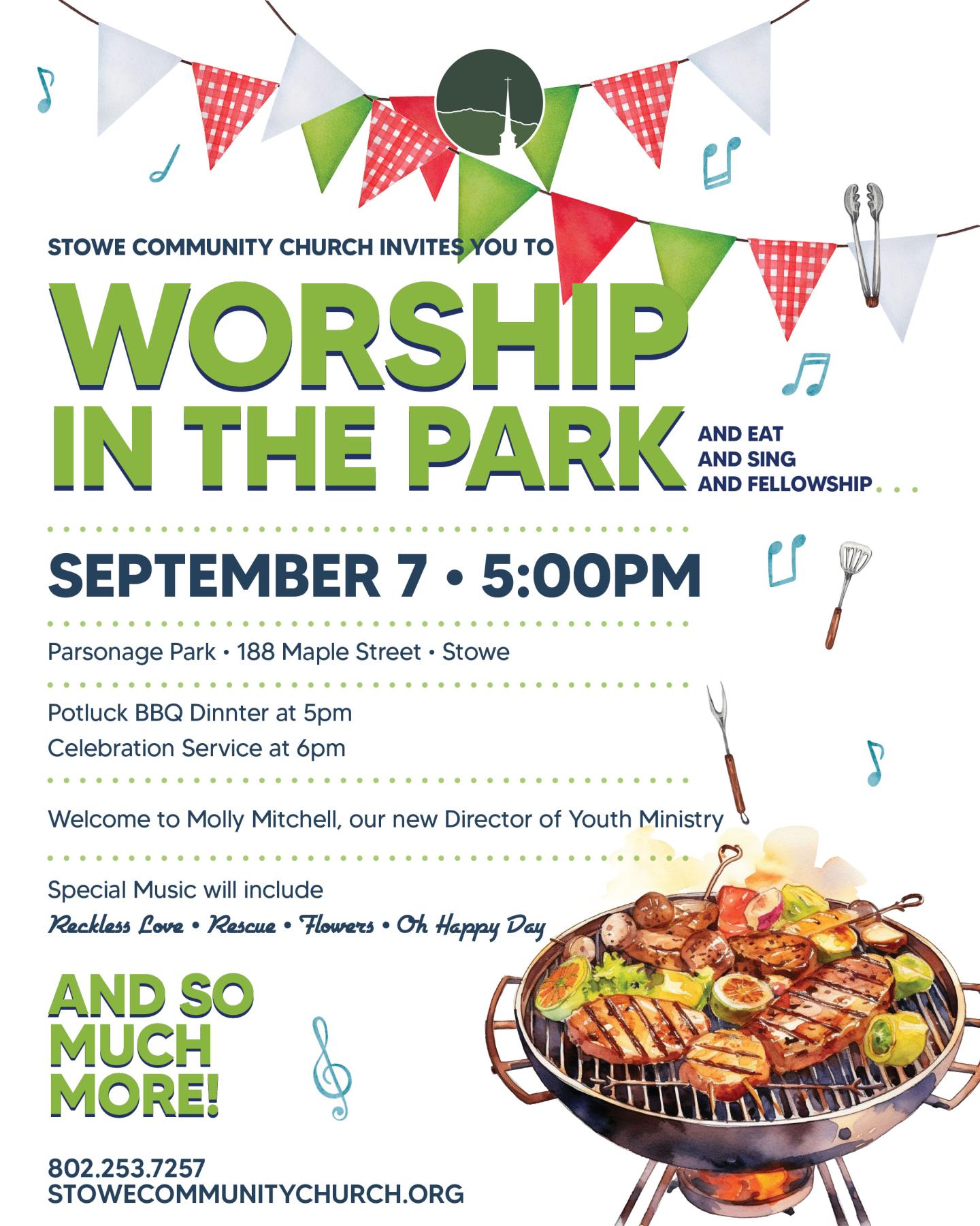 Worship in the Park event flyer with barbecue grill and colorful flags.