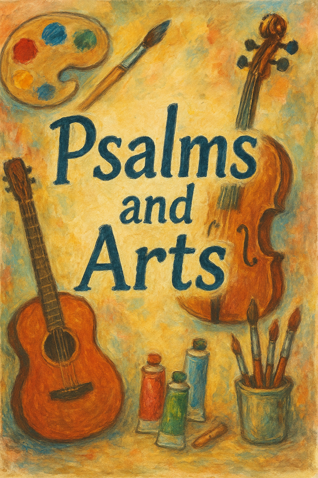 Guitar, violin, paint palette, and brushes on a textured background.