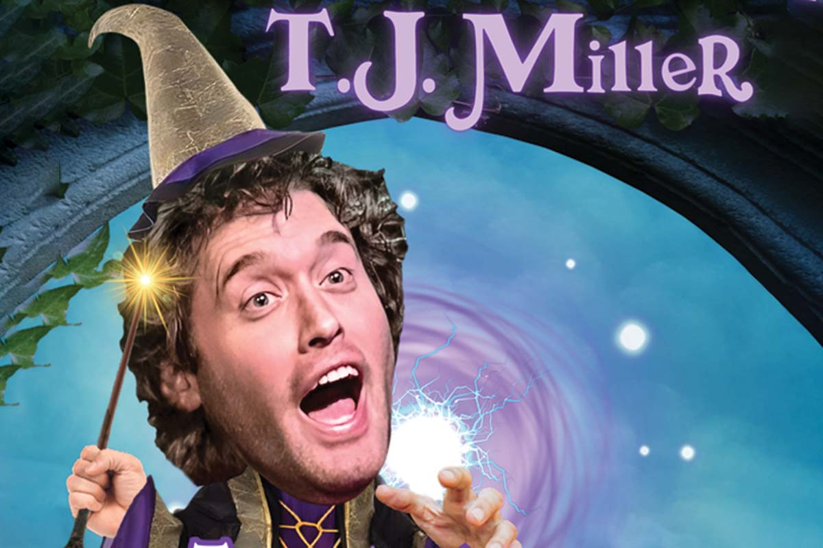 A man with a wizard hat holding a wand, background of swirling blue and purple.
