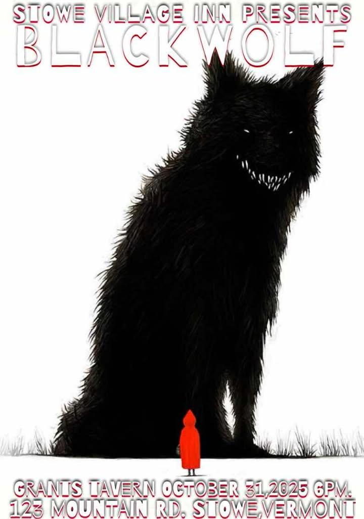 A black wolf with white teeth looms over a small red figure on a white background.