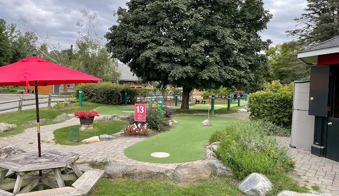 Mini golf course with trees and a red umbrella in a park setting.