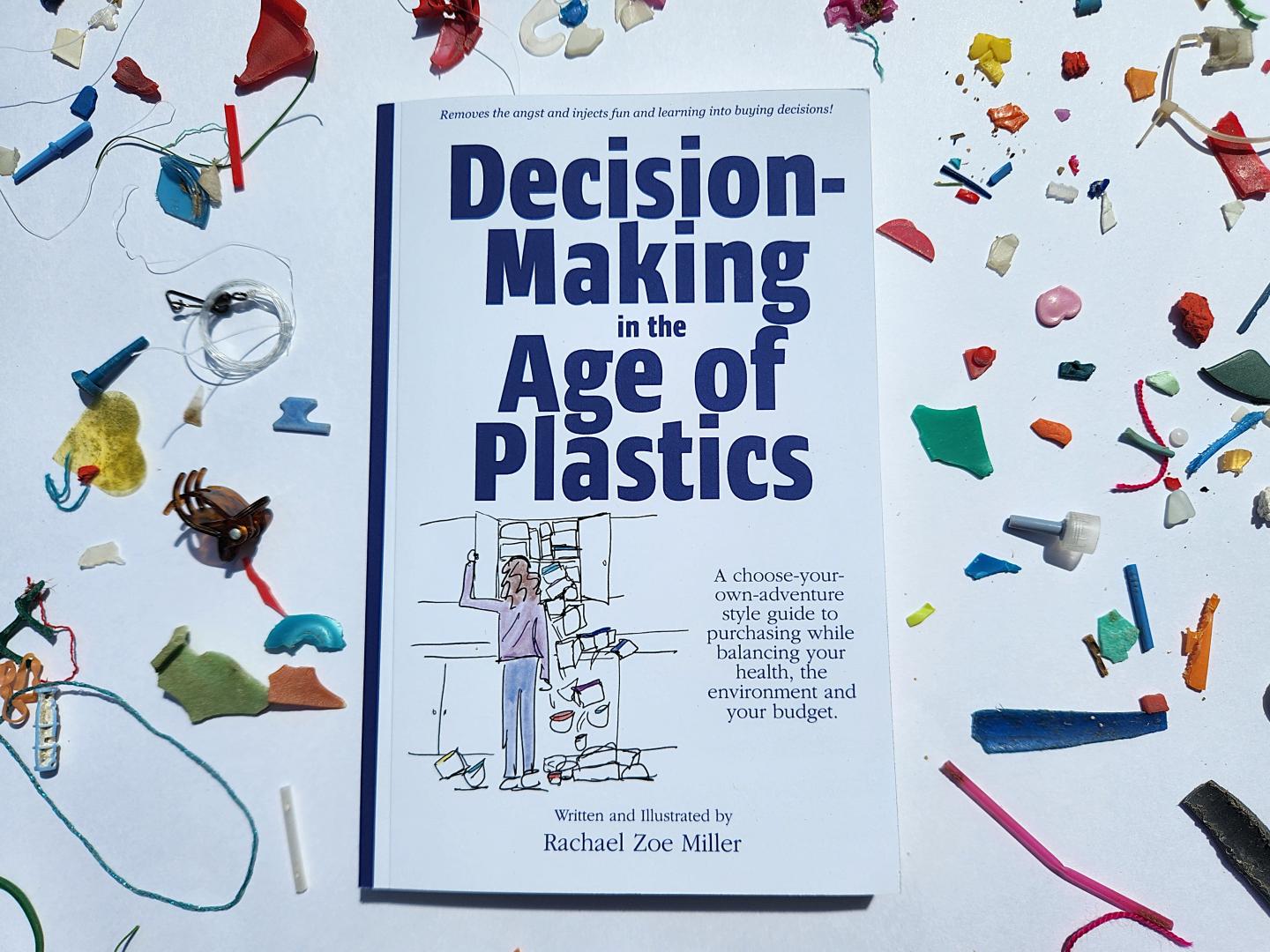 Decision-Making in the Age of Plastics book on a scattered plastic background.