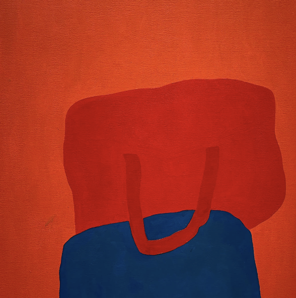 A red and blue abstract painting with curved shapes.