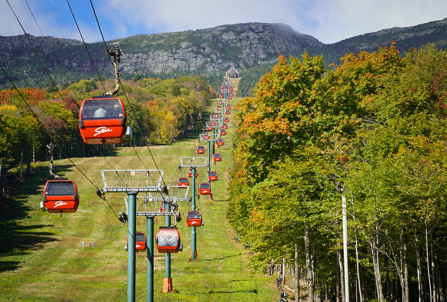 Red cable cars ascending a forested mountain in autumn.