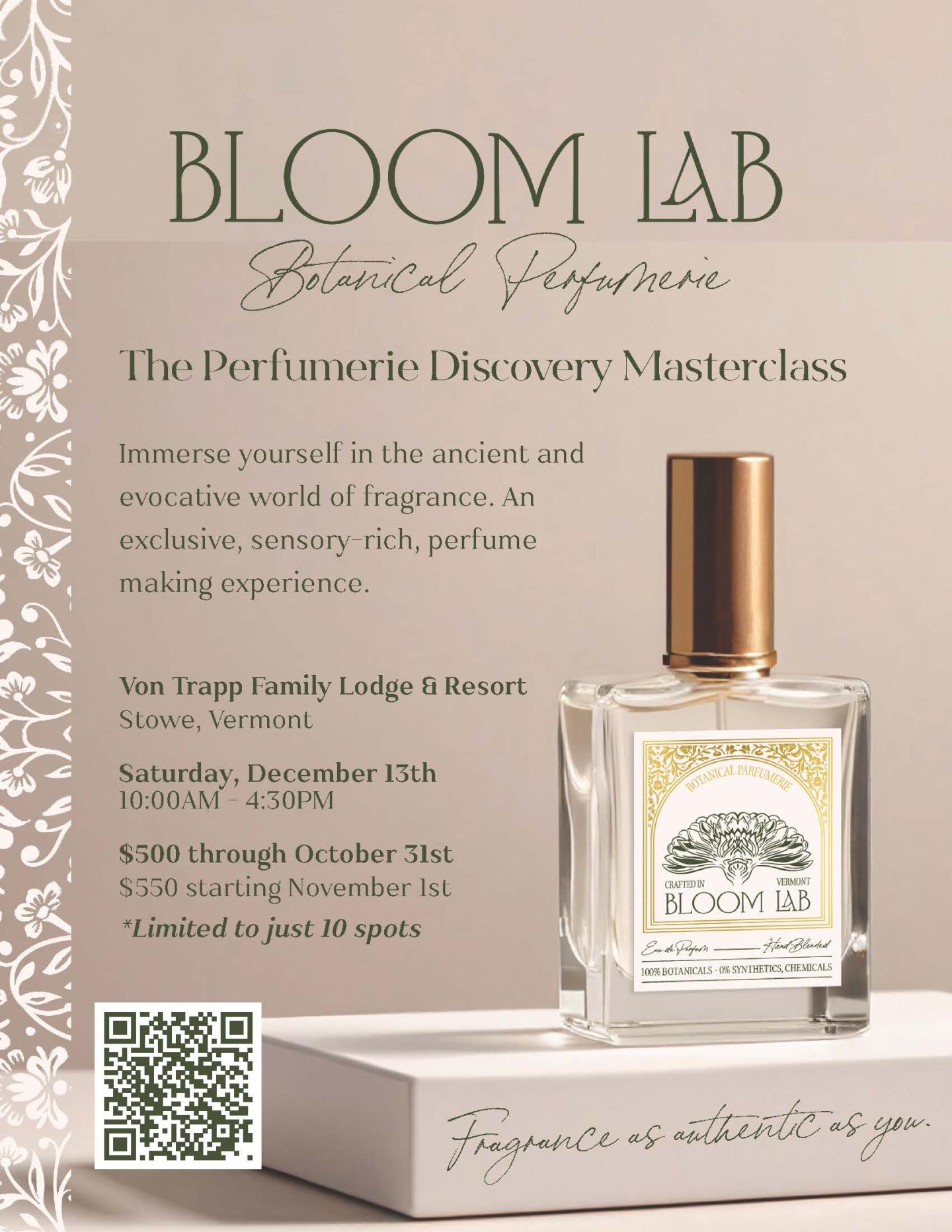 Perfume bottle with a gold cap on a beige background, text overlaying.