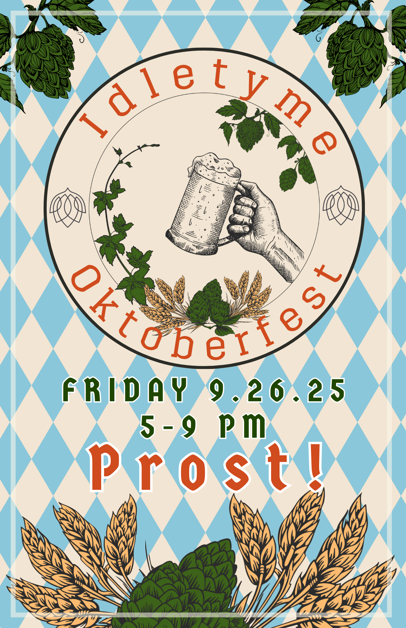Oktoberfest graphic with beer mug, hops, and festive text.