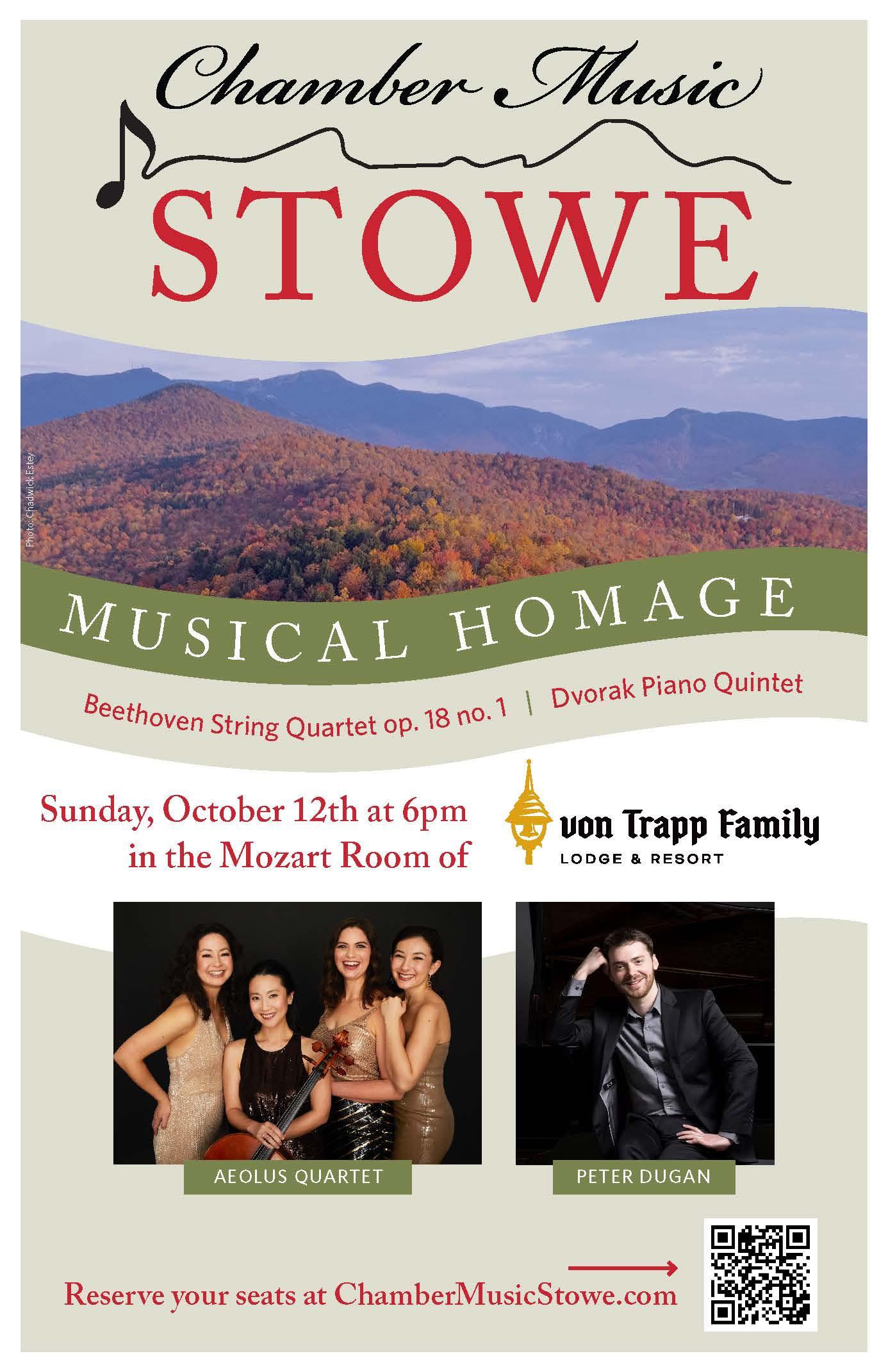 Chamber music event poster with musicians and autumn landscape.