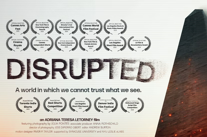 Film poster for "Disrupted," featuring award laurels and tagline.