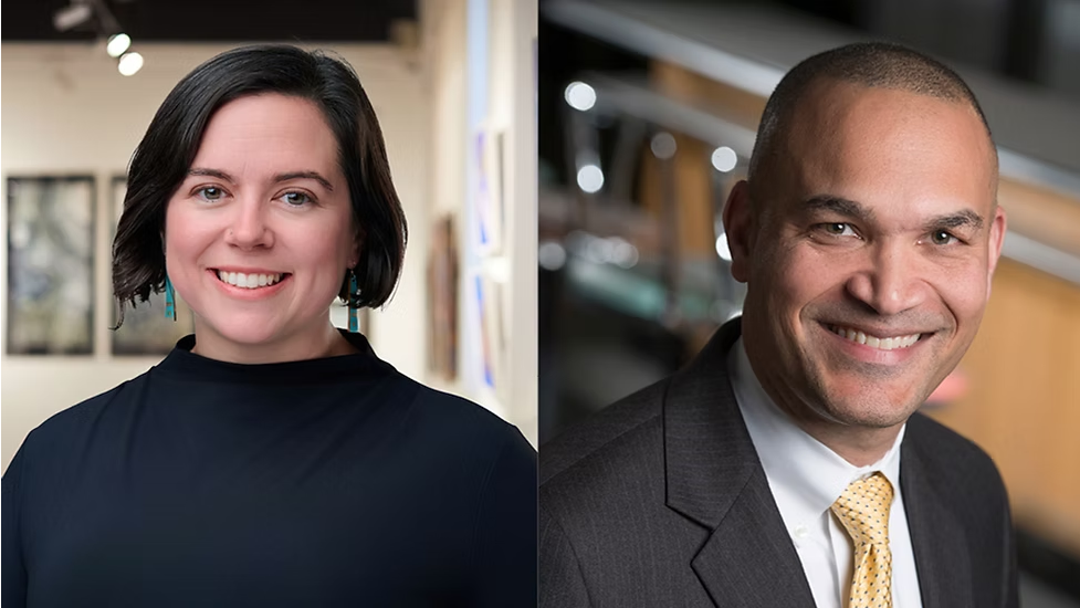Smiling man in a suit and woman in a dark top, in separate settings.