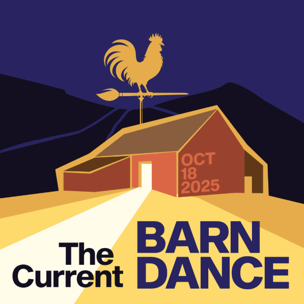 Barn graphic with a rooster weathervane at night.