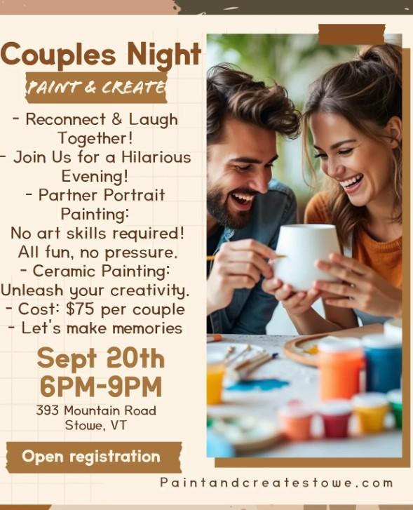 A laughing couple paints together at a table, enjoying a creative evening.