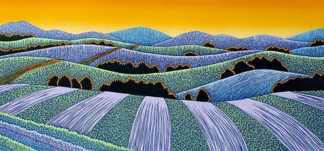 Colorful abstract landscape with rolling hills under an orange sky.