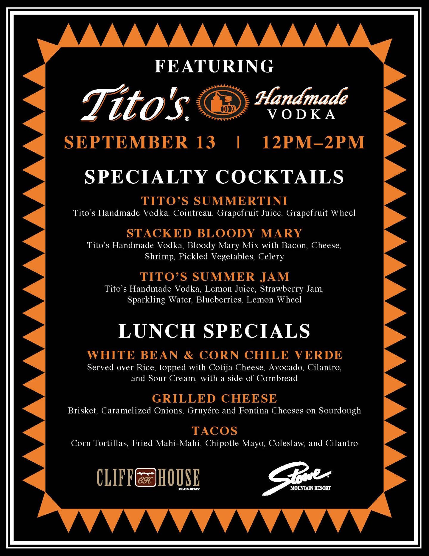 Tito's Vodka Event featuring specialty cocktails and lunch specials on September 13, 12PM-2PM.