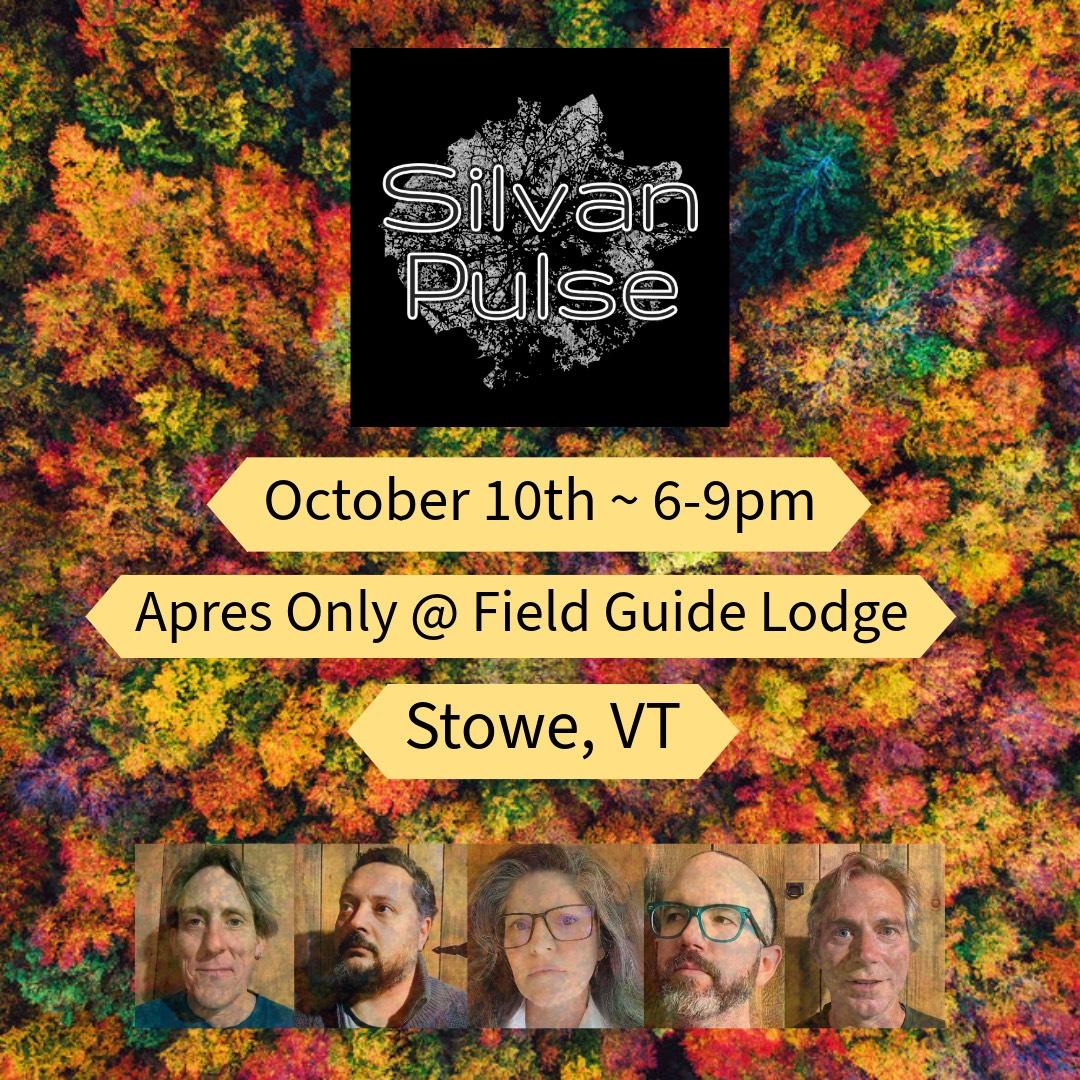 Colorful autumn leaves background with band members' photos at the bottom.
