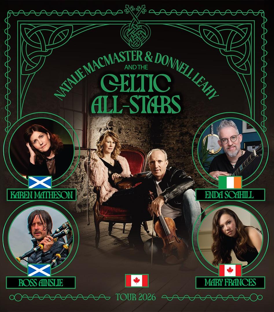 Celtic All-Stars tour poster with musicians and flags of Scotland, Ireland, and Canada.