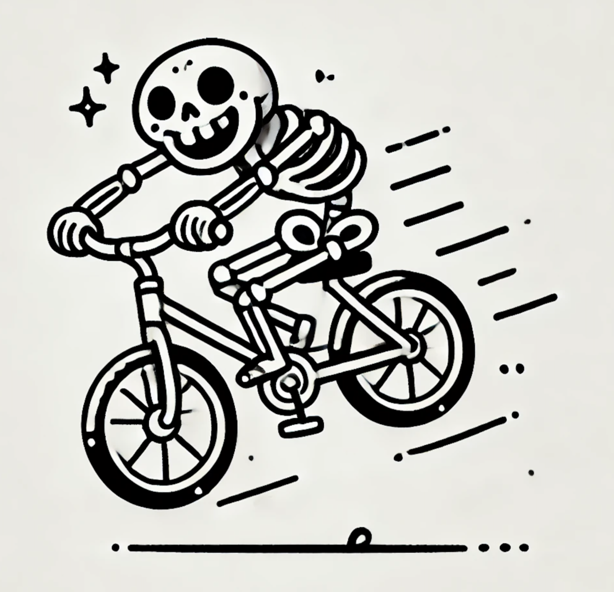 Skeleton riding a bike, smiling, with motion lines.