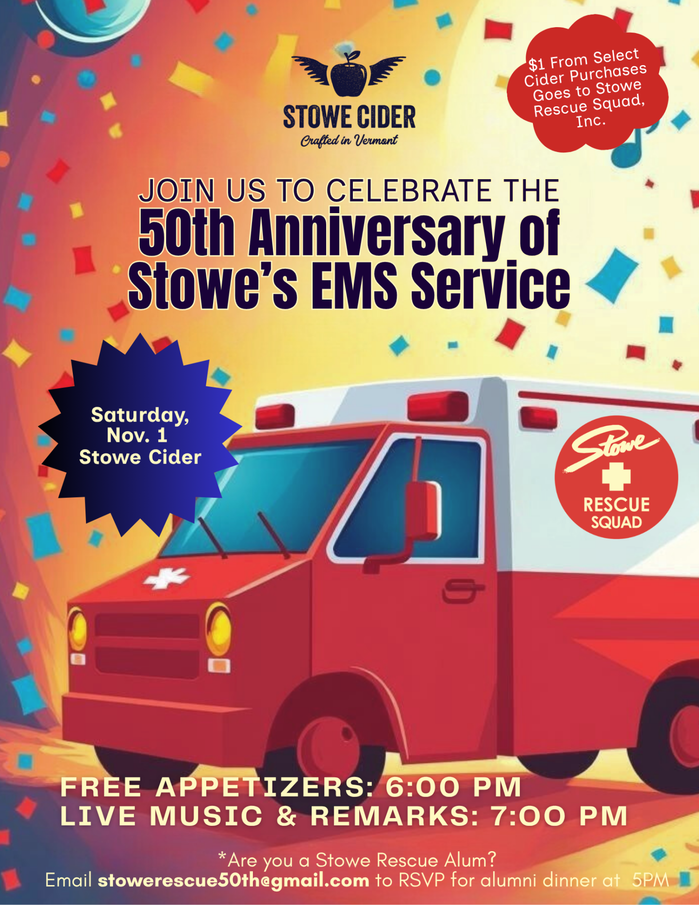 Celebrate the 50th Anniversary of Stowe's EMS service at 6PM on Saturday, November 1st at Stowe Cider.