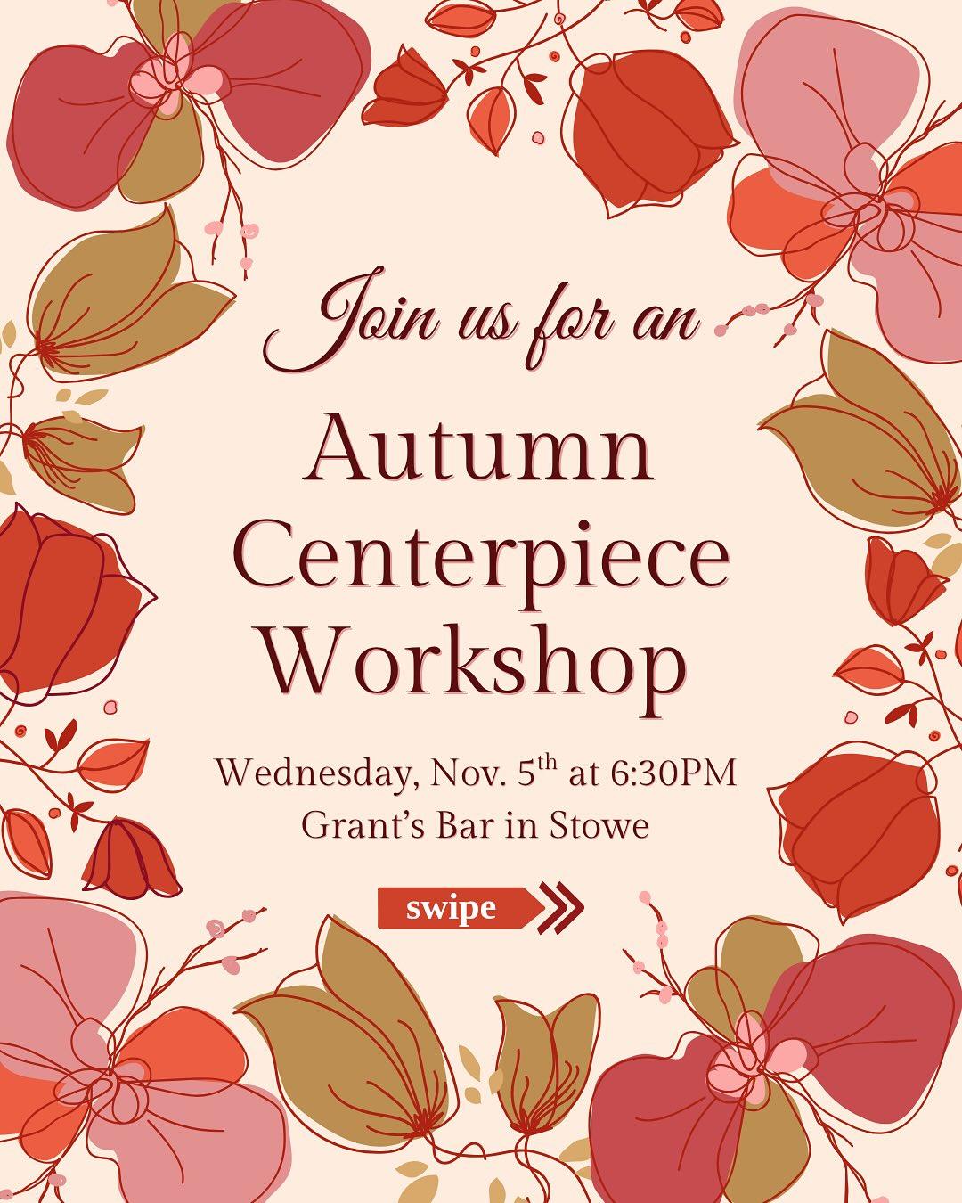 Autumn-themed graphic with red and pink flowers and leaves around the edges.