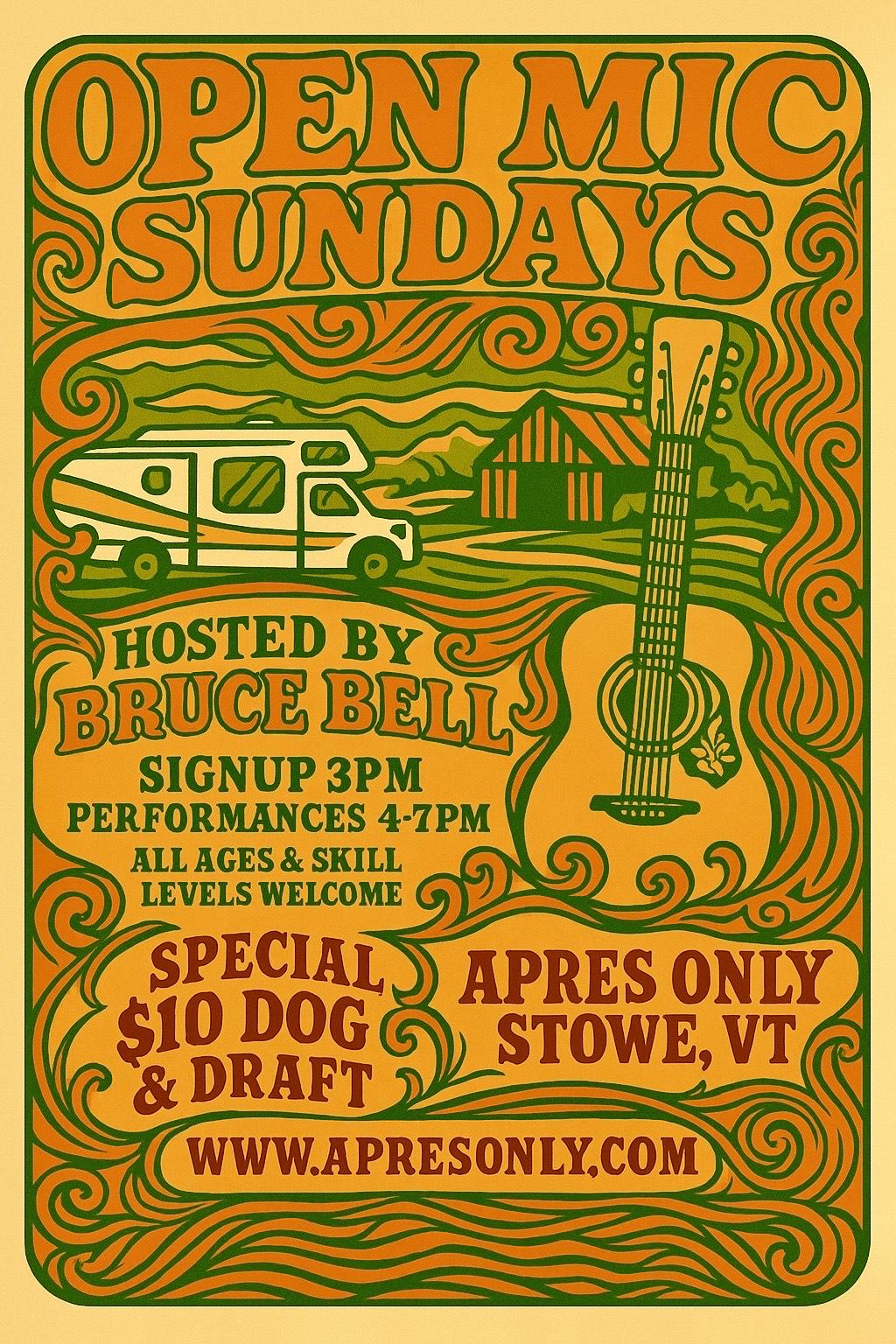 Retro poster with a guitar, camper, and mountains.