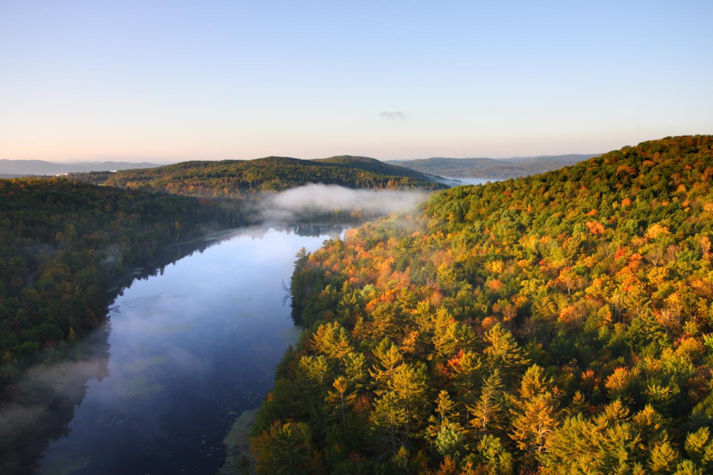 River winding through autumn-colored forest under clear sky.