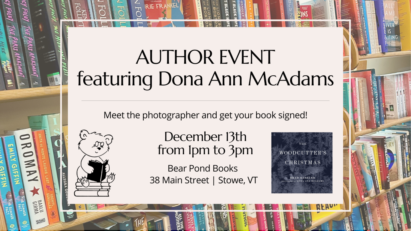 Author event announcement with books on wooden shelves.