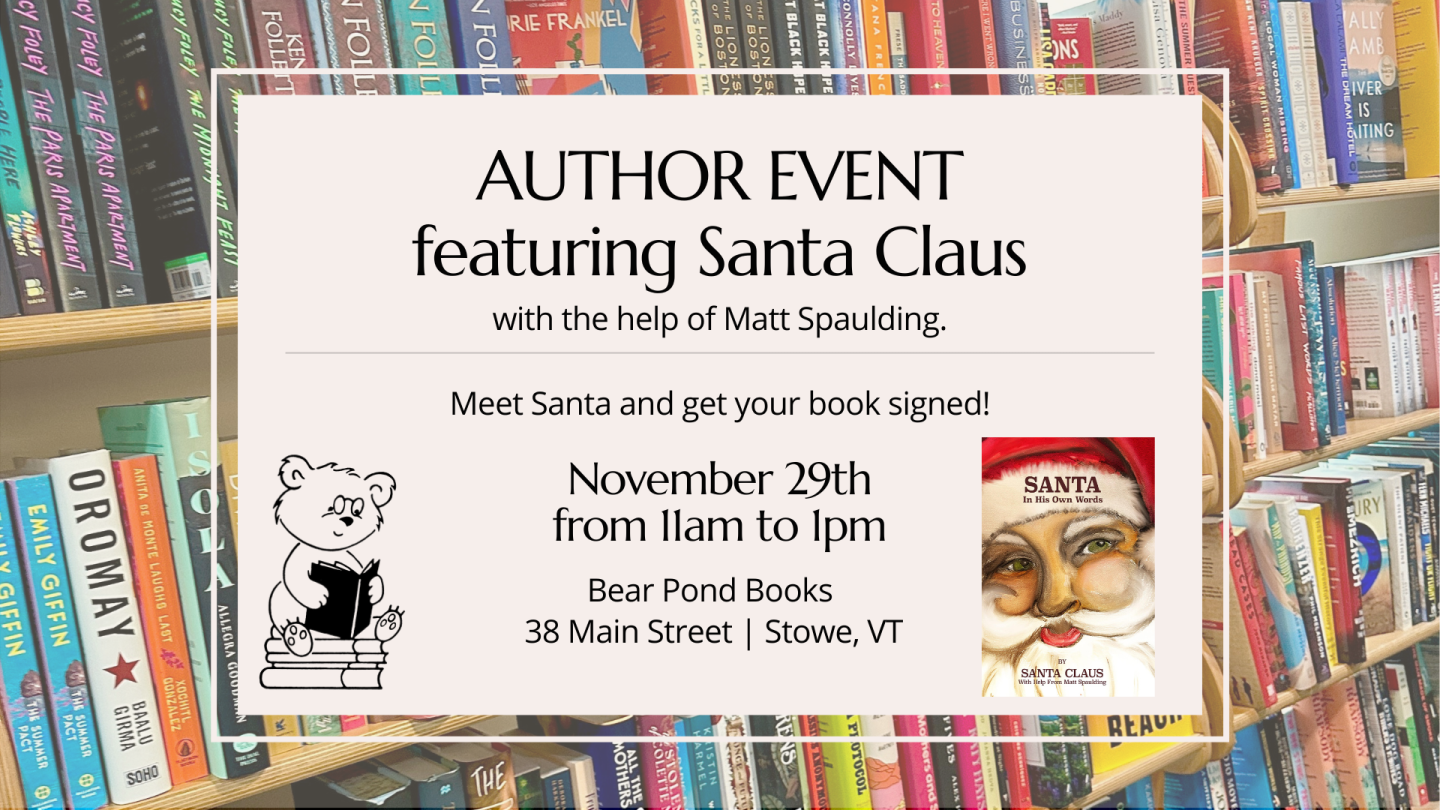 Author event poster featuring Santa, shelves of colorful books in the background.