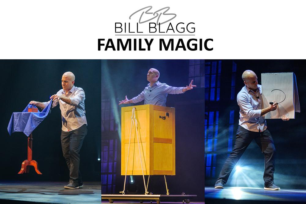Magician performing tricks on stage with props and a yellow box.