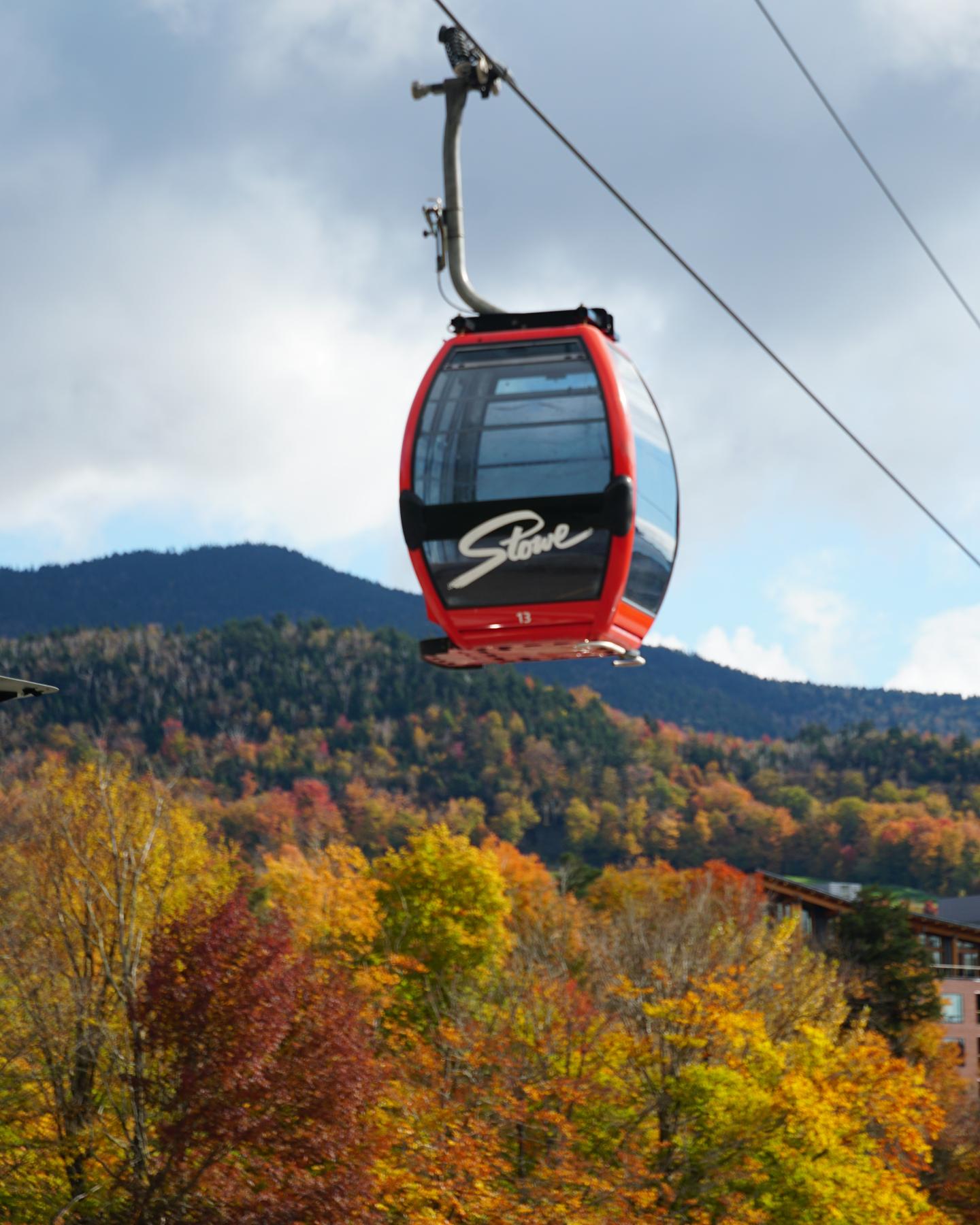 Red cable car against autumn trees and a mountain backdrop.