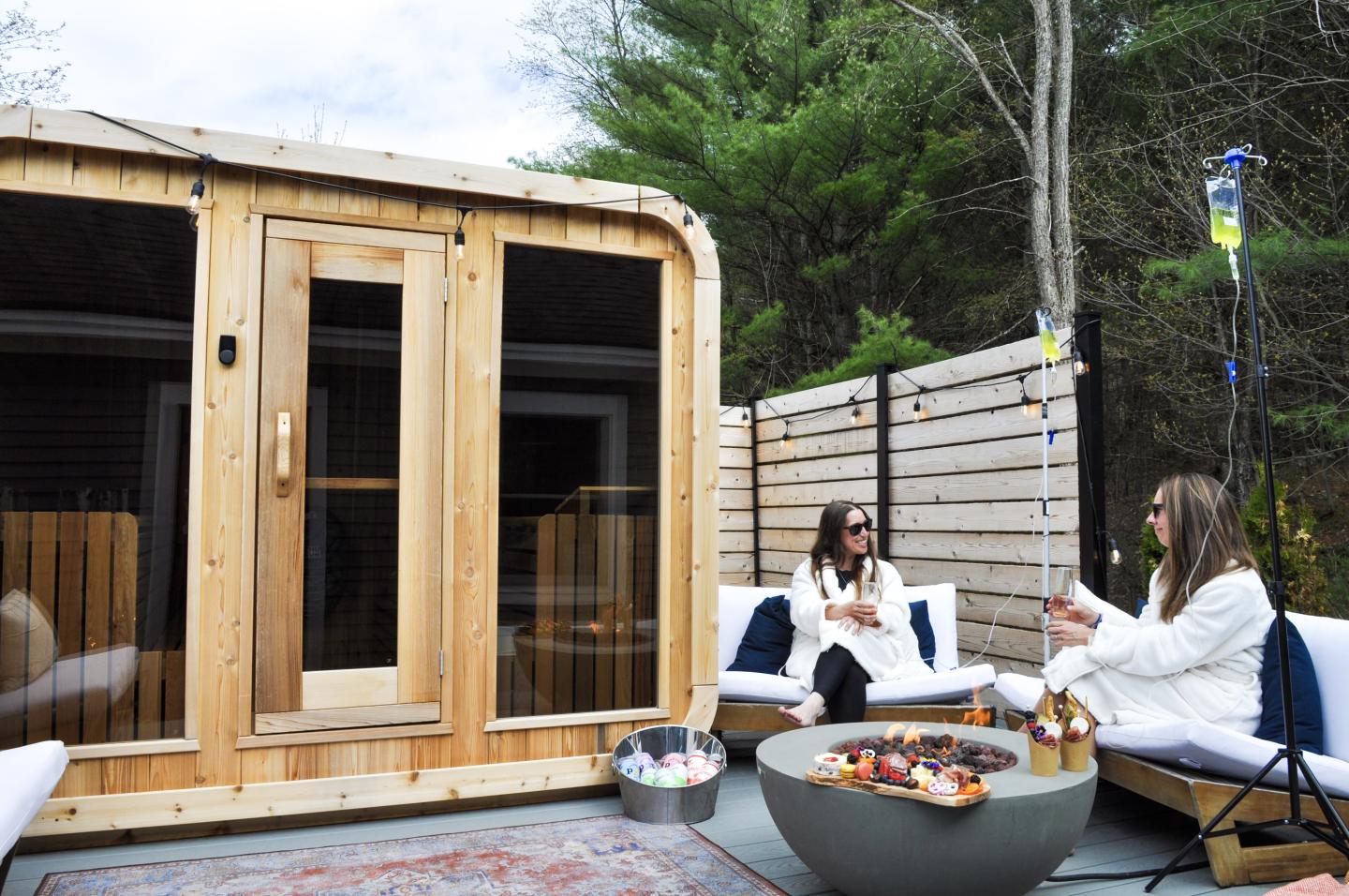 Private Outdoor Sauna experience including fire pit lounge and IV Drip Hydration