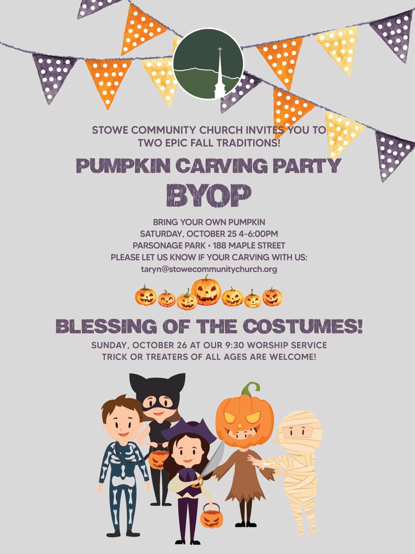 Church event flyer with cartoon children in Halloween costumes.