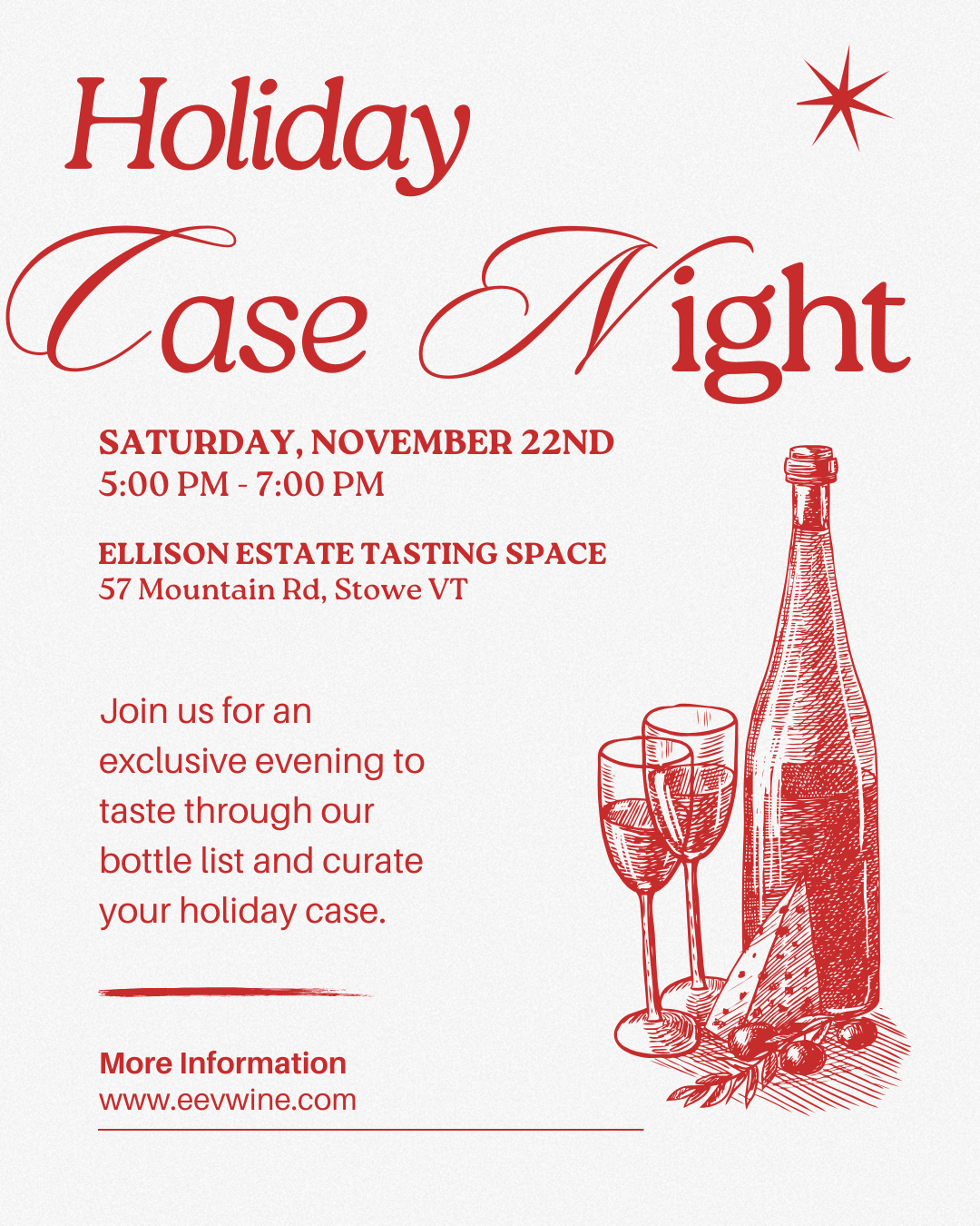 Holiday event flyer with wine bottle and glasses illustration.