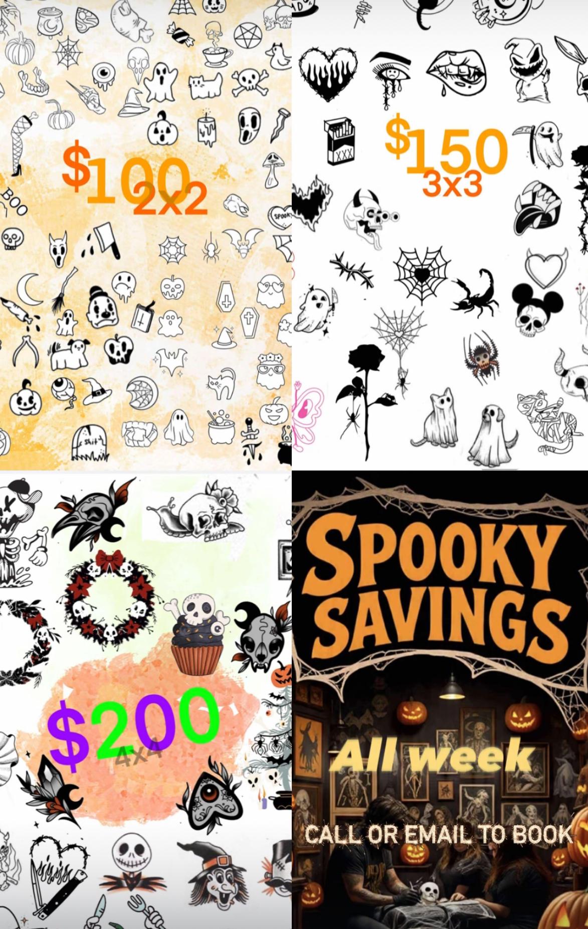Four quadrants with Halloween-themed designs and price tags.