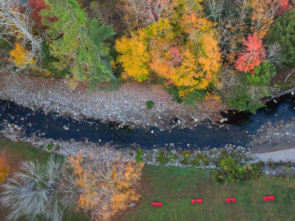 Aerial view of a river with colorful autumn trees.