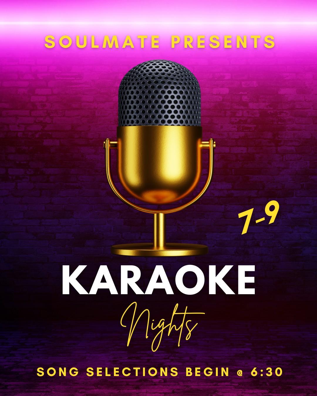 Gold microphone on a purple gradient background, text promoting karaoke night.