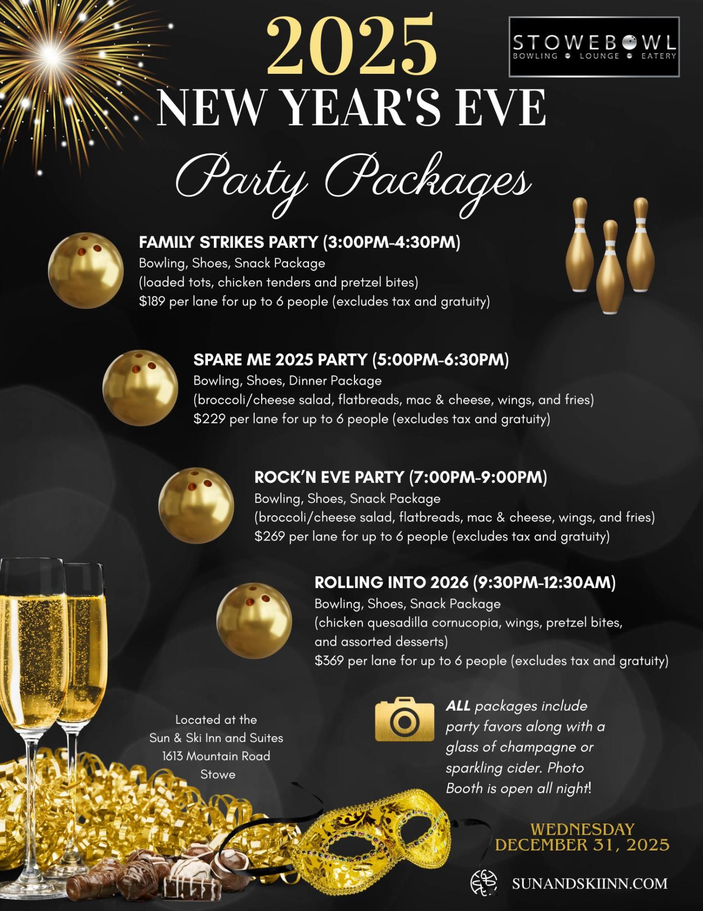 2025 New Year's Eve party packages flyer, gold theme with bowling pins and champagne.
