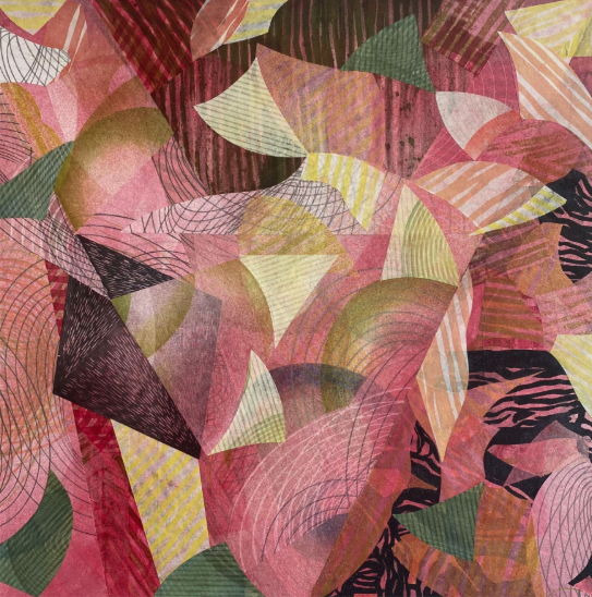 Abstract art with pink, green, and yellow geometric shapes overlapping.